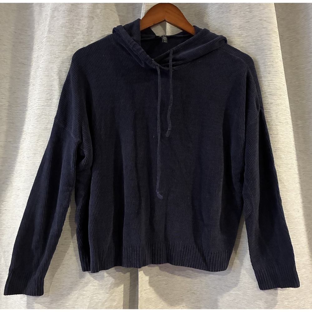 EILEEN FISHER Sweater M Organic Cotton Chenille Hoodie Pullover Navy Blue